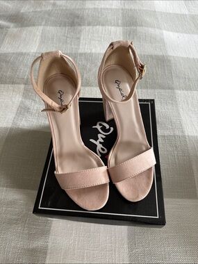 Qupid Nude Suede-Look Ankle Strap Block Heels
